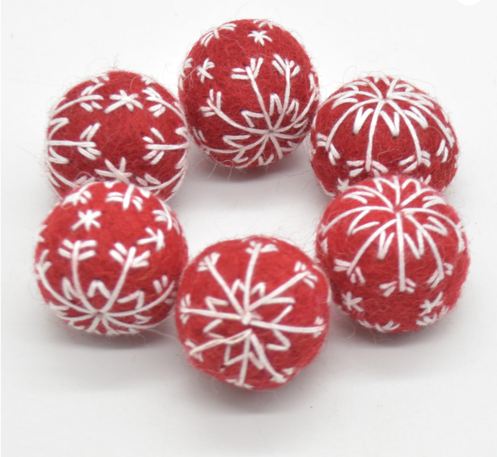 Red Embroidered Snowflake Felt Balls (set of 3)